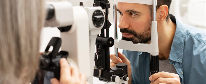 Ooculista utilizza una fotocamera digitale collegata a una lampada a fessura per scattare immagini dettagliate dell'occhio del paziente durante un esame oculistico completo