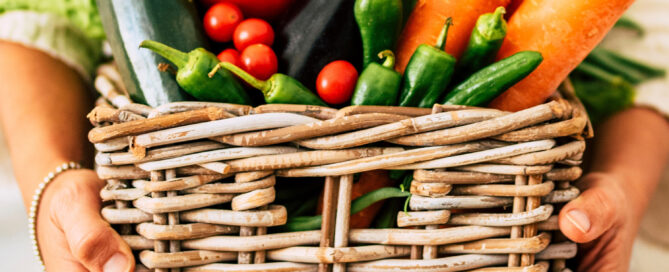 Concetto di nutrizione alimentare sana e concetto di proprietario di un negozio agricolo con una donna che tiene in mano un secchio pieno di verdure fresche